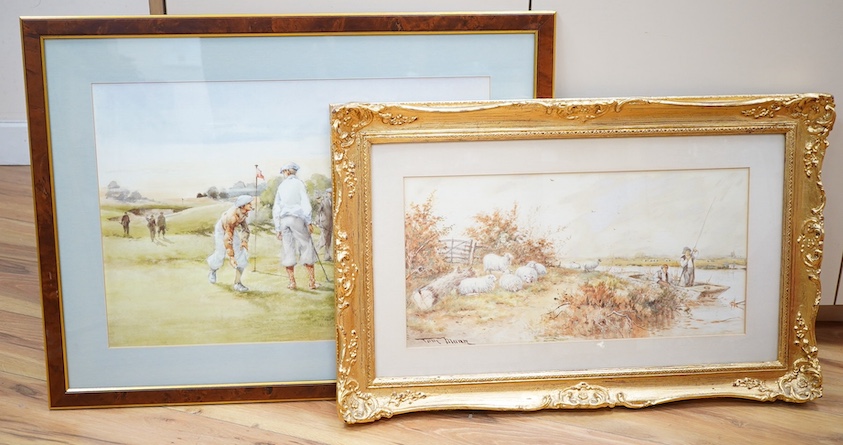 Thomas Munn, watercolour, Riverscape with flock of sheep together with a golfing interest colour print, largest 37 x 54cm, one ornately gilt framed. Condition - fair